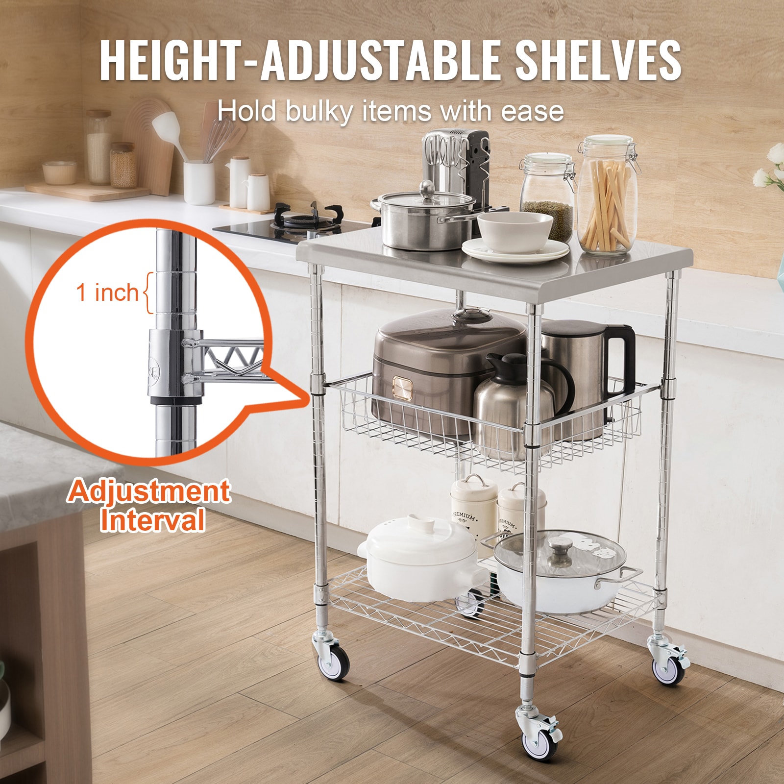 3-tier Rolling Utility Cart With 6 Hooks For Kitchen Storage_voghion.com